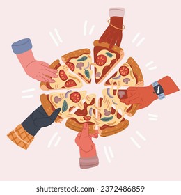 Cartoon vector illustration of Top view of hands taking pizza slices from table at corporate party. Hungry friends eating Italian fast food together. Family holding pepperoni pieces.