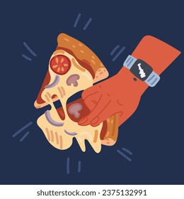 Cartoon vector illustration of Top view of hands taking pizza slices from table at corporate party. Hungry friends eating Italian fast food together. Family holding pepperoni 