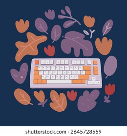 Ilustração vetorial de desenhos animados da vista superior do teclado mecânico. Teclado com estilo mínimo. Teclado de construção personalizado sobre plano de fundo escuro