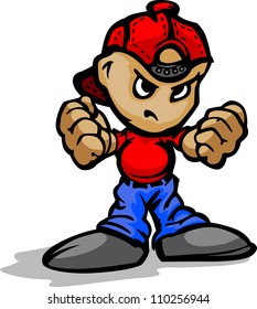 Cartoon Vector Illustration Of A Tough Kid With Hands In Fists