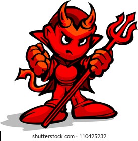 Cartoon Vector Illustration of a Tough Kid Demon or Devil with Pitchfork  in Hands