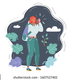 Cartoon vector illustration of tourist woman taking a picture on dark background.