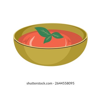 Cartoon vector illustration of traditional Spanish gazpacho served in a bowl. Drawing for food menu, Mediterranean and culinary cuisine