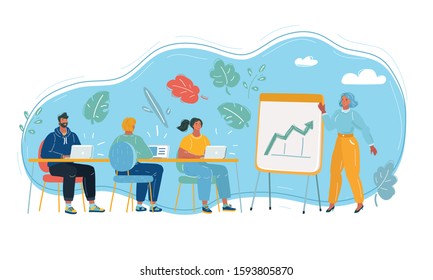 Cartoon vector illustration of training where group of persons is sitting at a table with the teacher standing in front of a flip chart.