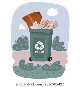 Cartoon vector illustration of Trash can with crumpled paper inside and around. Office, home litter bin for thrown sheets, wastepaper garbage basket