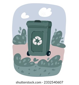 Ilustración vectorial de caricaturas de latas de basura con papel, plástico, vidrio y desechos orgánicos adecuados para el reciclado. Segregar residuos, clasificar basura, gestionar residuos.