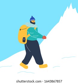Cartoon vector illustration of a traveler goes to the mountains. A man looking for adventure