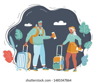 Cartoon vector illustration of Traveling couple of young people. Man and woman with luggage are go in the airport. Human character on dark backgorund. Connecting flight at night