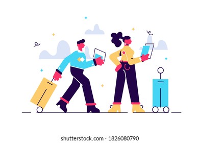 Cartoon vector illustration of Traveling couple of young people. Man and woman with luggage going traveling.