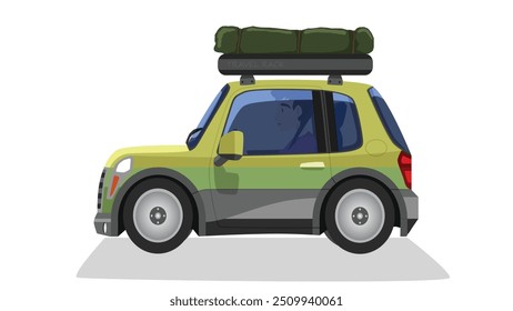 Cartoon vector or illustration of traveller car red mix green color. top of car with rack and green bag. With driving man inside car. Isolated white background.