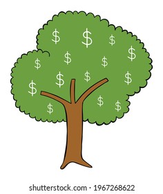 Dibujo vectorial de caricatura de árbol con dólar. Bordes de colores y negros.