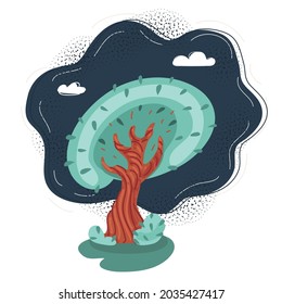 Cartoon vector illustration of cartoon tree on dark backround.