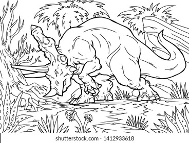 Cartoon Vector Illustration of Triceratops Dinosaur Reptile Species in Prehistoric World for Coloring Book and Education