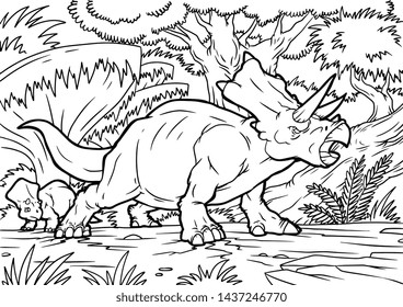 Vector de dibujos animados Ilustración de especies de reptiles de los dinosaurios triceratops en el mundo prehistórico para colorear libros y educación