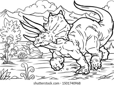 Cartoon Vector Illustration of Triceratops Dinosaur Reptile Species in Prehistoric World for Coloring Book and Education