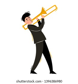 Cartoon Vector Illustration Of Trombone Player Isolated On White. European Musician Playing Jazz, Soul Or Blues. Full Height Portrait Of Man Used For Music Poster, Magazine.