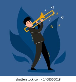 Cartoon Vector Illustration Of Trombone Player Isolated On Blue. European Musician Playing Jazz, Soul Or Blues. Full Height Portrait Of Man Used For Music Poster, Magazine.