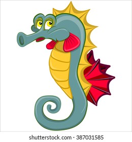 Cartoon vector Illustration. Tropical sea horse  the sad swimming. Sign horsefish.Isolated. 