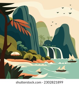 A cartoon vector illustration of a tropical travel scene.