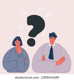 Cartoon vector illustration of troubled couple. Confused woman and man thinking together. People with question mark thinking people