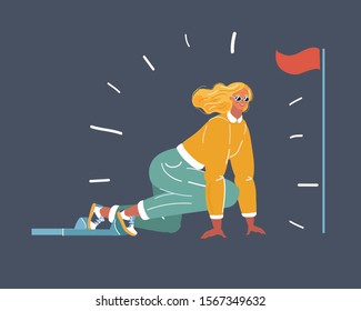 Cartoon vector illustration of try to start running woman. Competition concept on dark background.
