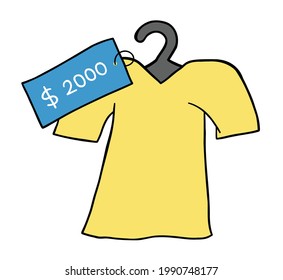Cartoon Vector Illustration Of T-shirt And Very Expensive Price Tag. Colored And Black Outlines.