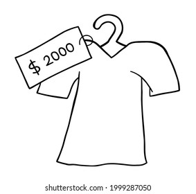 Cartoon Vector Illustration Of T-shirt And Very Expensive Price Tag. Black Outlined And White Colored.