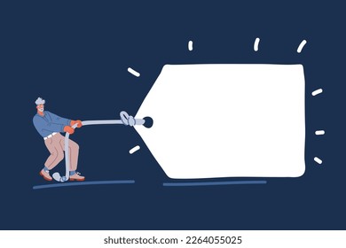 Cartoon vector illustration of Tug of war, hands pulling rope to opposite sides, business tug banner over dark background