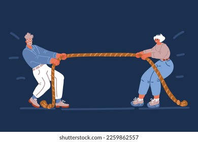 Cartoon vector illustration of tug-of-war man and woman on dark background