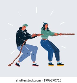 Cartoon Vector Illustration Of Tug-of-war One Side. Man And Woman Play In One Team On White Backround.