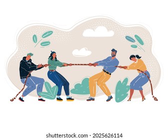 Cartoon Vector Illustration Of Tug-of-war People. Battle Of The Generations. Business Competition Concept.