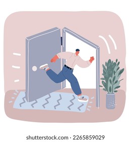 Dibujo vectorial de dibujos animados de Turning point en tu vida. El hombre corre por la puerta