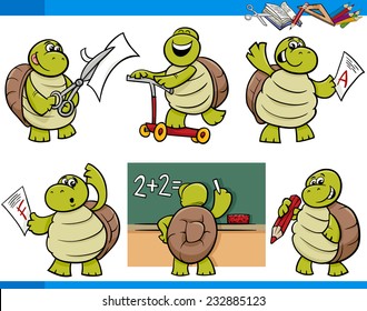 Cartoon Vector Illustration of Turtle Animal Character School Student Set