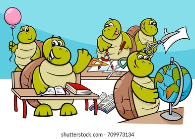 Cartoon Vector Illustration of Turtle Animal Characters in Classroom