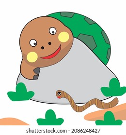 ilustración vectorial de una tortuga en una roca mirando una oruga