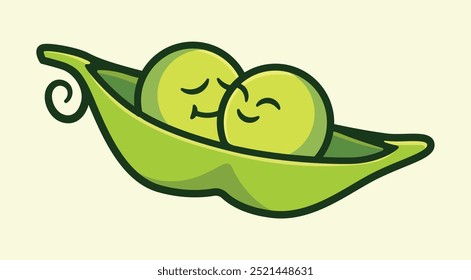 Cartoon Vektor Illustration von zwei entzückenden grünen Erbsen zusammen in einem Pod eingebettet, symbolisiert Liebe und Freundschaft