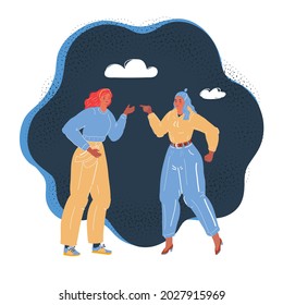 Cartoon vector illustration of Two beautiful women friends. angry speacking each other on dark backround.