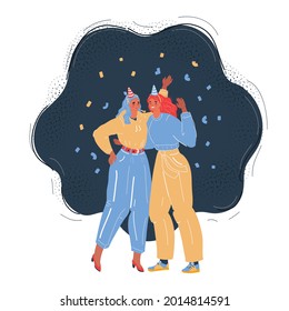 Cartoon vector illustration of two bestie friends celebration something on dark background. Two young happy woman congratulations someone.