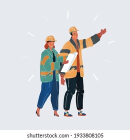 Cartoon Vector Illustration Of Two Builders In Helmet. Man And Woman Engeneer With Plan Talking About Job On White Background.