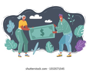 Cartoon vector illustration of two business people fighting over a market income share tearing big dollar apart. Man and woman in conflict. Human character on dark