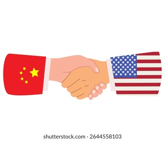 Cartoon vector illustration of two businessmen shaking hands, with China and United States flags on their sleeves. Drawing symbol of diplomacy, trade agreement or international cooperation