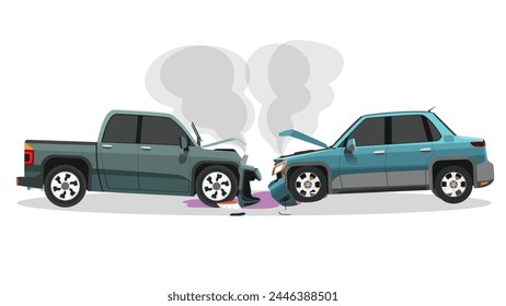 Cartoon Vector or Illustration of two car accident. Pickup truck collides with sedan. Hood opened and smoke came out and oil leaked. with shadow on isolated white background.