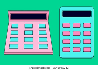 Cartoon vector illustration of an two colorful calculators set on green background. School math supplies. For back to school stationery concept, education visual, educational theme, classroom decor.