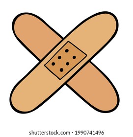 Cartoon vector illustration of two crossed adhesive patches. Colored and black outlines.