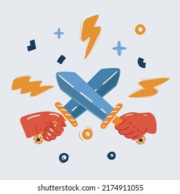 Dibujo vectorial de dibujos animados de dos espadas cruzadas en las manos.