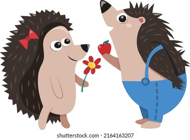 A cartoon vector illustration of two cute hedgehogs sharing gifts like flower and apple.