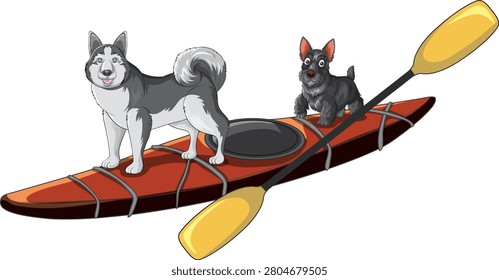 Cartoon vector illustration of two dogs on a kayak with a paddle, white background