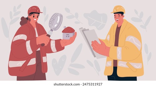 Cartoon vector illustration of two engeneers builders handshake agreement. Couple, man and woman buils tiny house.