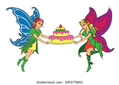 Cartoon Vector Illustration. Two fairies in colorful dresses with wings of butterflies holding a cake in their hands