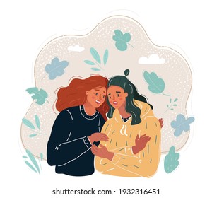 Cartoon vector illustration of two friends. Women hugging each other. Friendship concept.